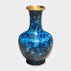 Vtg Chinese Cloisonné Enamel Blue Gold Brass Metal Floral 7.25” Bud Flower Vase